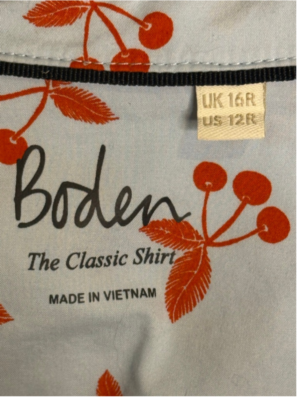 Boden "The Classic Shirt” Light Blue Red Cherry Print Button Down Shirt Size 12 - Picture 6 of 7
